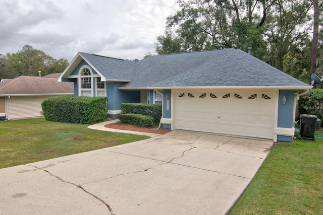 single story home featuring a garage and a front lawn