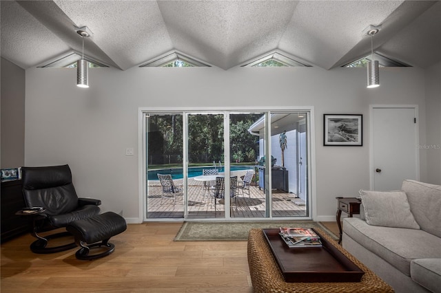 living room with wood-type flooring and lofted ceiling