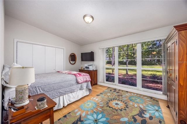 bedroom featuring light hardwood / wood-style flooring, vaulted ceiling, and a closet