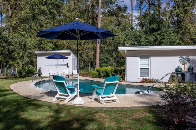 view of swimming pool with a lawn and a patio area