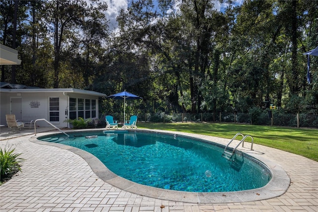 view of swimming pool with a patio and a yard