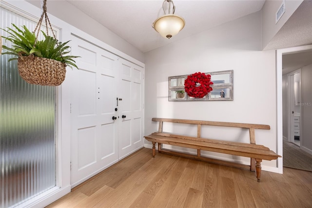 entryway with wood-type flooring and vaulted ceiling