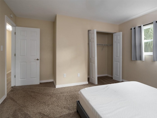 bedroom with a closet and dark carpet