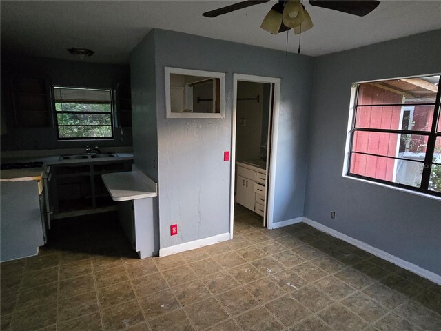 interior space with ceiling fan and sink