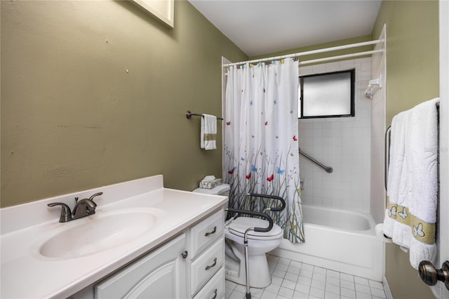 full bathroom with tile patterned flooring, toilet, vanity, and shower / bath combo with shower curtain