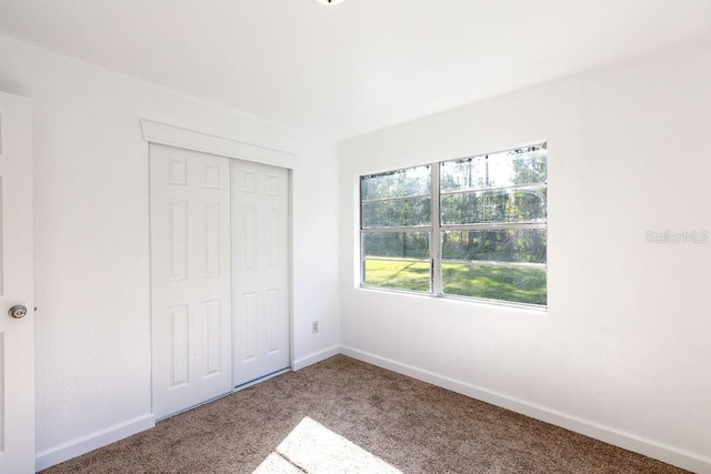 unfurnished bedroom featuring carpet flooring and a closet