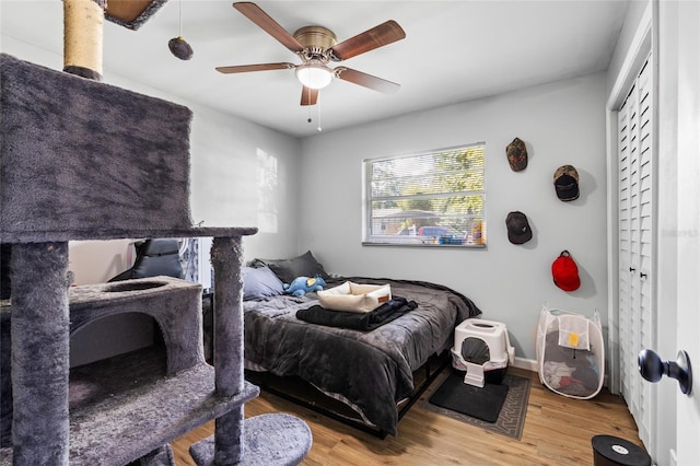 bedroom with hardwood / wood-style floors and ceiling fan