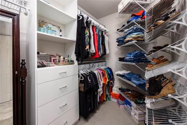 walk in closet with light carpet