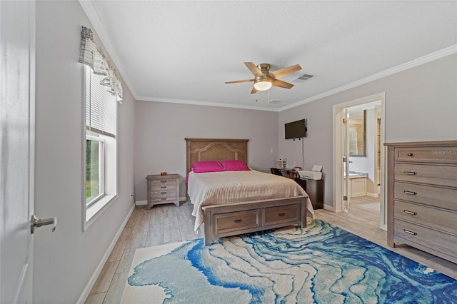 bedroom with ensuite bathroom, crown molding, ceiling fan, and light wood-type flooring