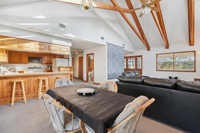 dining area with beam ceiling, light carpet, high vaulted ceiling, and ceiling fan