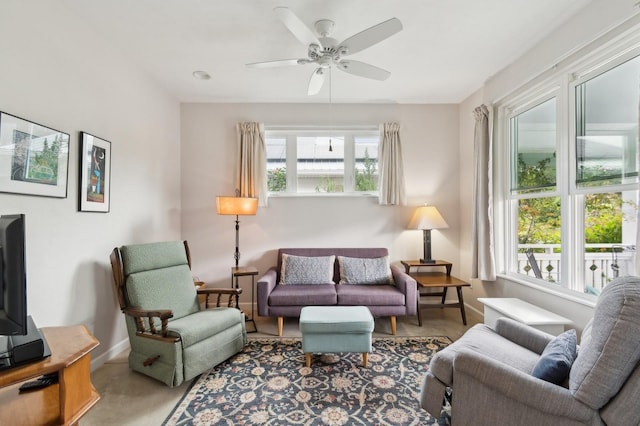 living room featuring ceiling fan