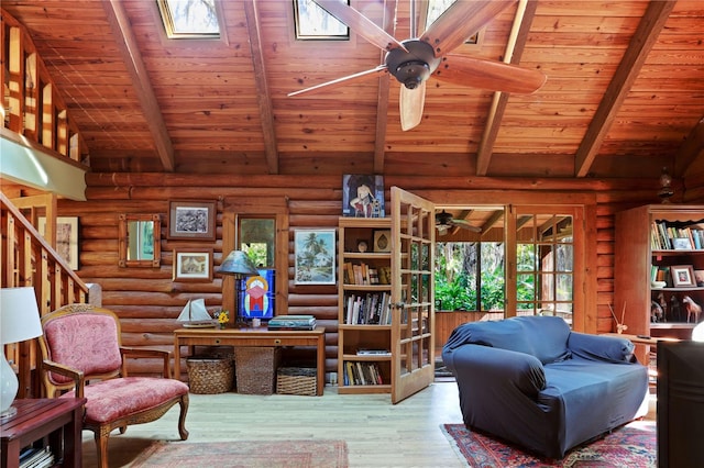 sitting room with lofted ceiling with skylight, hardwood / wood-style floors, wooden ceiling, and rustic walls