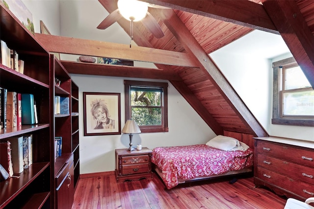 bedroom with ceiling fan, lofted ceiling with beams, light hardwood / wood-style flooring, and wood ceiling