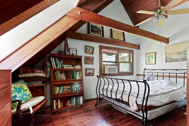 bedroom with beam ceiling, ceiling fan, cooling unit, high vaulted ceiling, and wood-type flooring