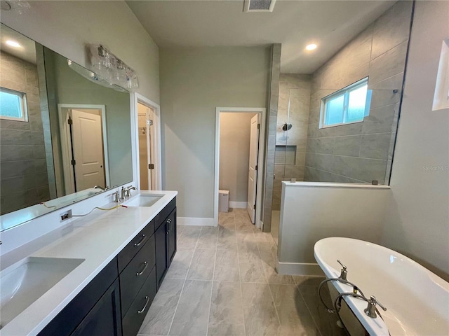 bathroom with vanity and separate shower and tub