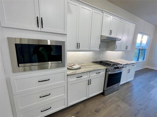 kitchen featuring backsplash, stainless steel appliances, white cabinets, light stone counters, and dark hardwood / wood-style floors