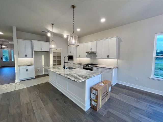 kitchen featuring stainless steel range with gas cooktop, dark hardwood / wood-style flooring, and white cabinets