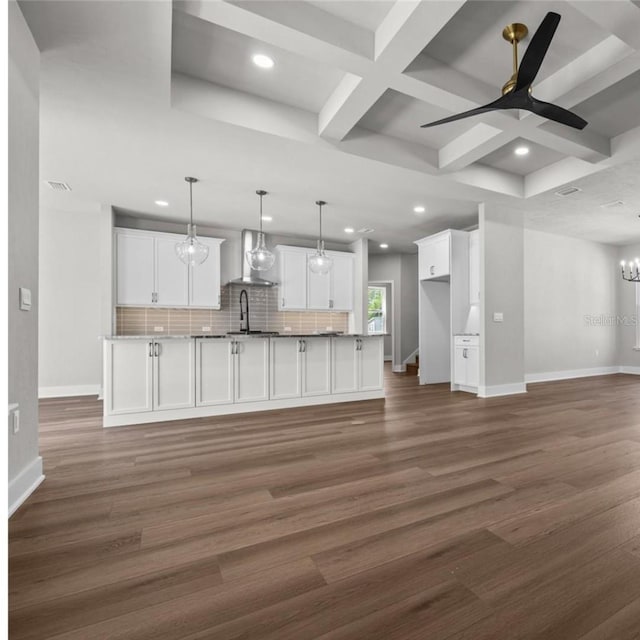 unfurnished living room with beam ceiling, dark wood-type flooring, ceiling fan with notable chandelier, sink, and coffered ceiling