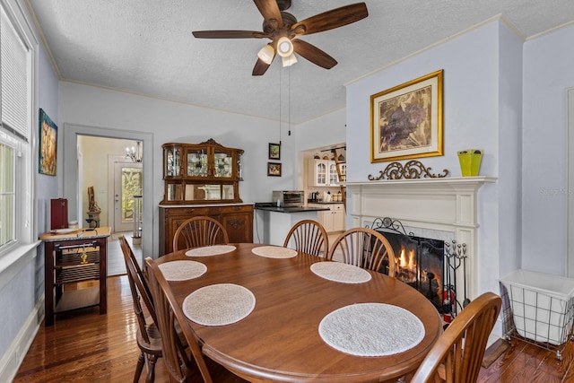 dining space featuring ceiling fan, a textured ceiling, dark hardwood / wood-style flooring, and ornamental molding