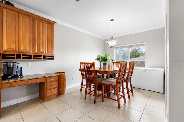 tiled dining area with crown molding