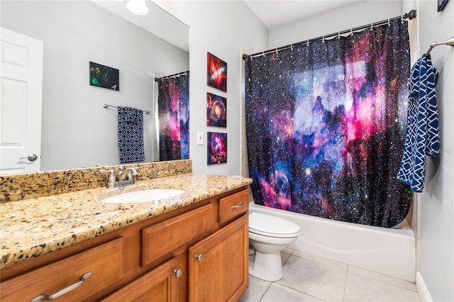 full bathroom with toilet, shower / bath combo, vanity, and tile patterned flooring