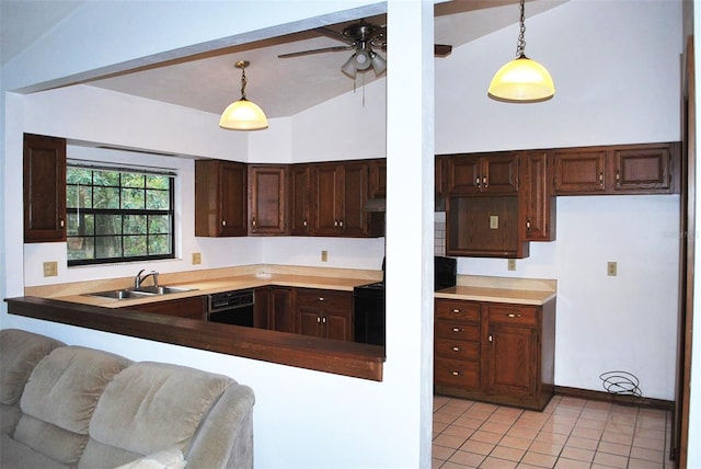 kitchen featuring sink, hanging light fixtures, black dishwasher, kitchen peninsula, and light tile patterned floors