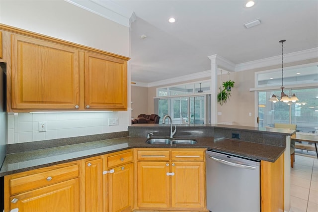 kitchen featuring ornamental molding, an inviting chandelier, sink, stainless steel dishwasher, and kitchen peninsula