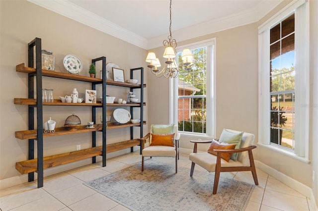 sitting room featuring ornamental molding, a chandelier, and light tile patterned flooring