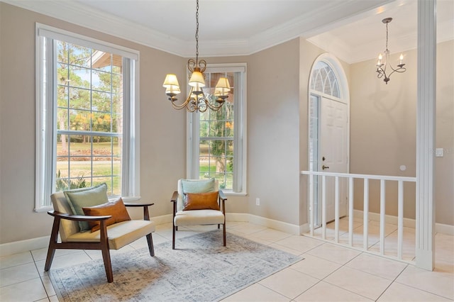 living area featuring ornamental molding, light tile patterned floors, and a notable chandelier