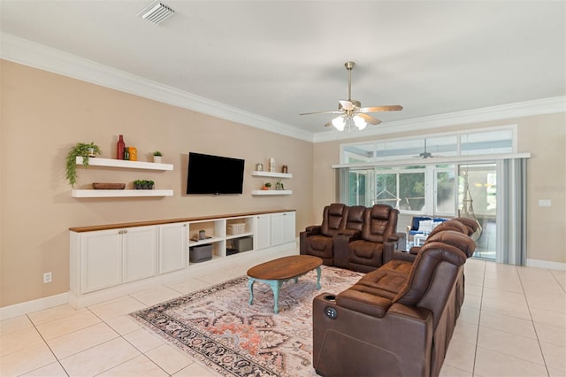 tiled living room featuring ornamental molding and ceiling fan