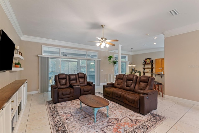 tiled living room featuring crown molding and ceiling fan with notable chandelier