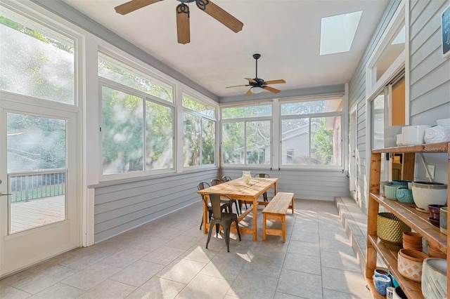 sunroom / solarium featuring ceiling fan and a skylight