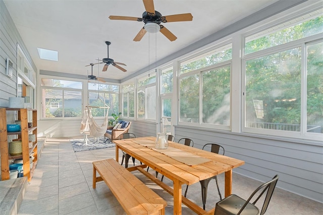 sunroom with plenty of natural light, ceiling fan, and a skylight