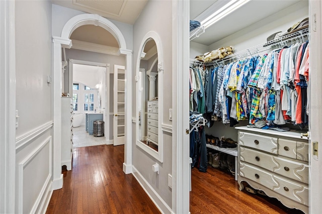 spacious closet featuring dark hardwood / wood-style floors