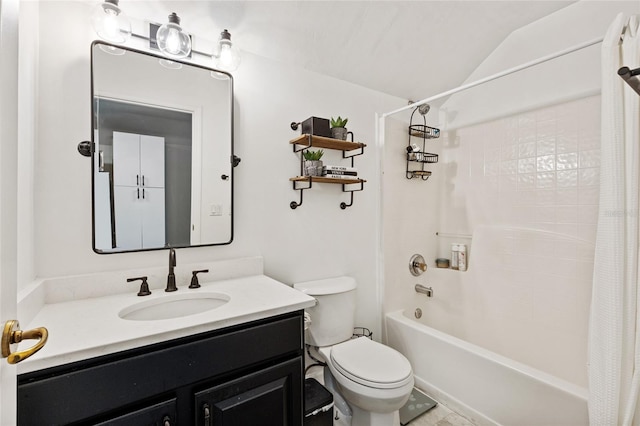 full bathroom featuring vanity, toilet, shower / bathtub combination with curtain, and lofted ceiling