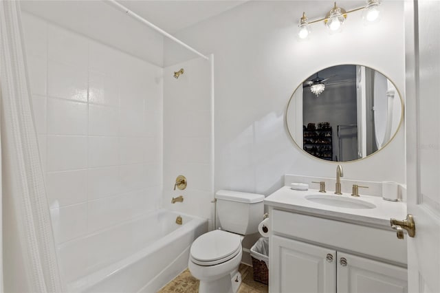 full bathroom with toilet, shower / tub combo with curtain, vanity, and ceiling fan