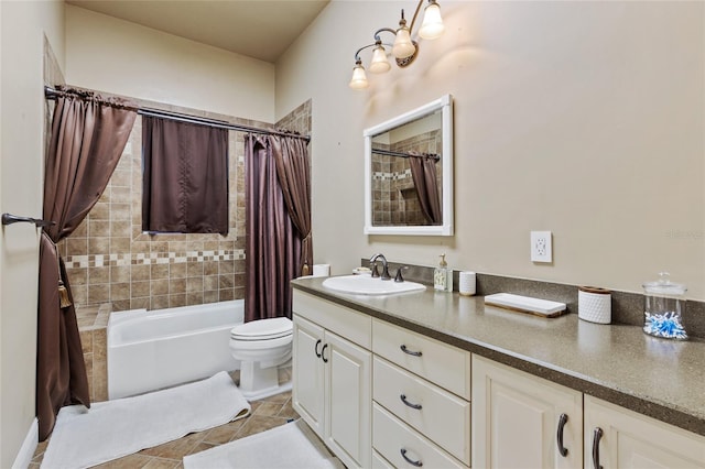 full bathroom featuring vanity, toilet, shower / bath combination with curtain, and tile patterned flooring