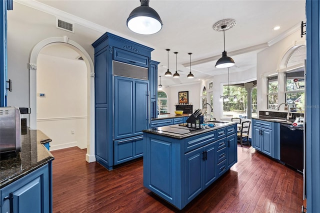 kitchen with dark hardwood / wood-style floors, black dishwasher, a center island with sink, decorative light fixtures, and blue cabinets