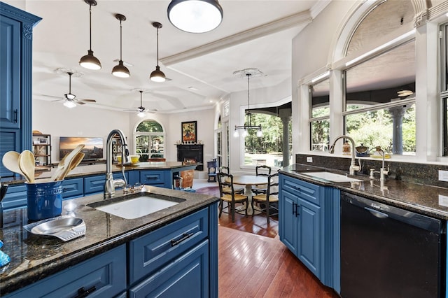 kitchen with blue cabinets, dishwasher, plenty of natural light, and sink