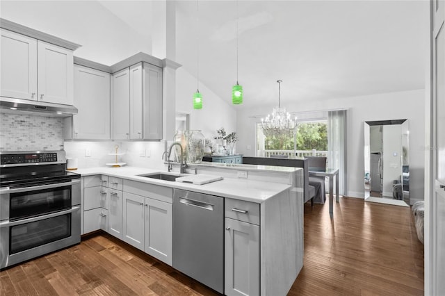 10000 SW 52nd Ave Unit 164, Gainesville, FL 32608 - kitchen with appliances with stainless steel finishes, under cabinet range hood, a peninsula, light countertops, and decorative backsplash