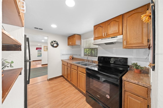 kitchen with light hardwood / wood-style floors, black appliances, sink, and decorative backsplash