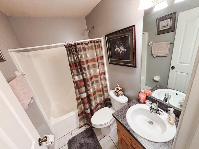 full bathroom featuring vanity, tile patterned flooring, toilet, and shower / bathtub combination with curtain