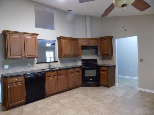 kitchen featuring tasteful backsplash, black appliances, sink, ceiling fan, and high vaulted ceiling