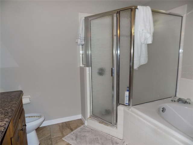 full bathroom with vanity, independent shower and bath, toilet, and tile patterned flooring