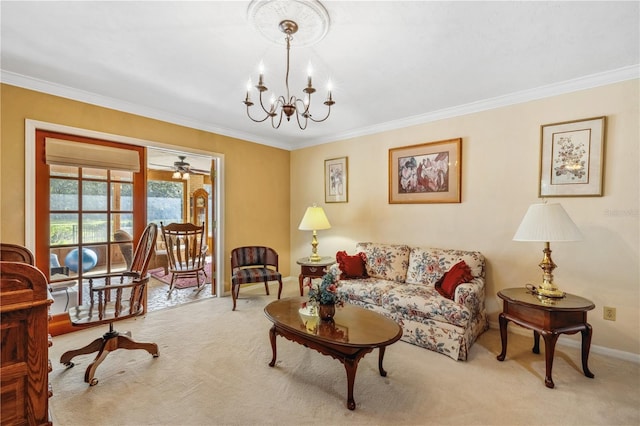 living room with crown molding, carpet, and ceiling fan with notable chandelier