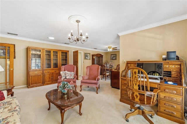 office featuring ornamental molding, light colored carpet, and ceiling fan with notable chandelier