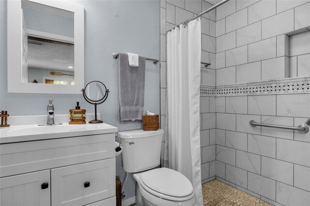 bathroom with vanity, toilet, and a shower with shower curtain