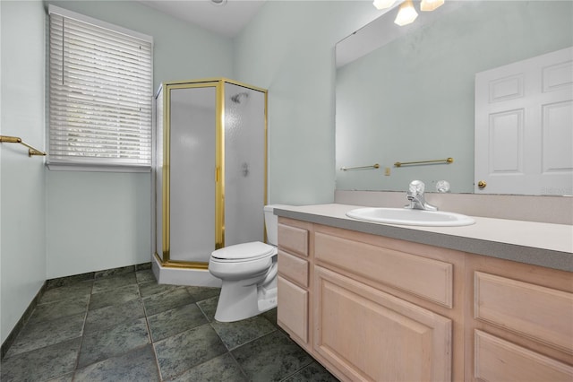 full bathroom with toilet, a shower stall, and vanity