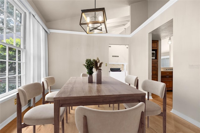 dining area featuring light wood-style floors, a fireplace, and a wealth of natural light