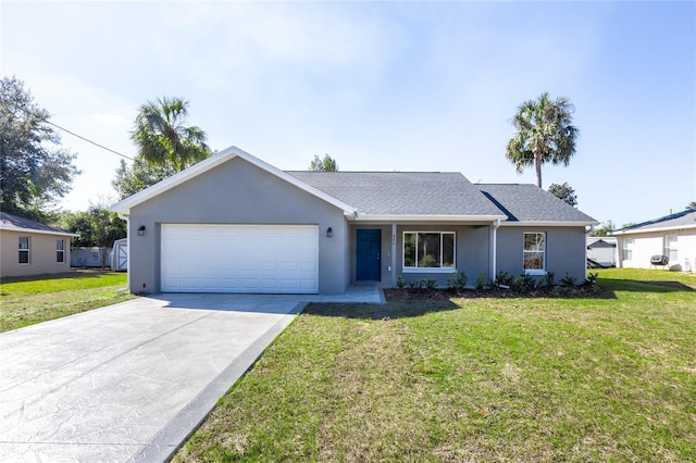 ranch-style house featuring driveway, an attached garage, a front lawn, and stucco siding